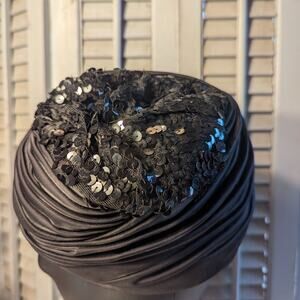 Elsa Schiaparelli black satin sequined turban size 22